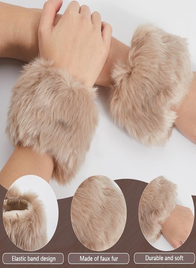 CABODYALS Brown Faux Fur Cuffs Wrist Warm Fluffy Cuffs Winter Khaki Fur Cuff Short Arm Warmers Plush Fuzzy Oversleeve Gloves Wristband Sleeves for Women Bracelet Cosplay Party Costumes Gifts Supply - Image 5